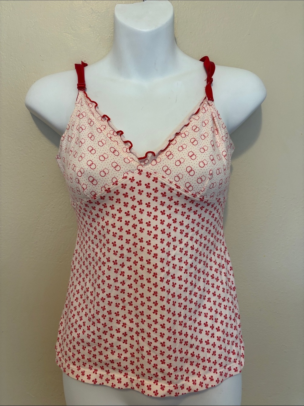 PINK Victoria's Secret Red & White Printed Lace-Trim Chemise